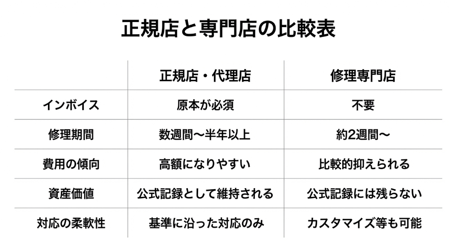 正規店と修理専門店のインボイス有無、修理期間、費用の傾向、資産価値、対応の柔軟性をまとめた比較表