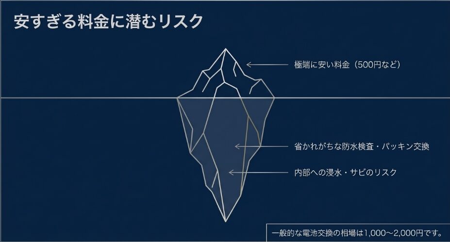 500円などの極端に安い料金の裏に潜む、防水検査やパッキン交換の省略、内部への浸水・サビのリスクを示す氷山の図