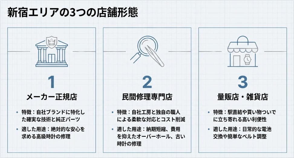 メーカー正規店、民間修理専門店、量販店・雑貨店の3つの特徴と適した用途の比較スライド 。