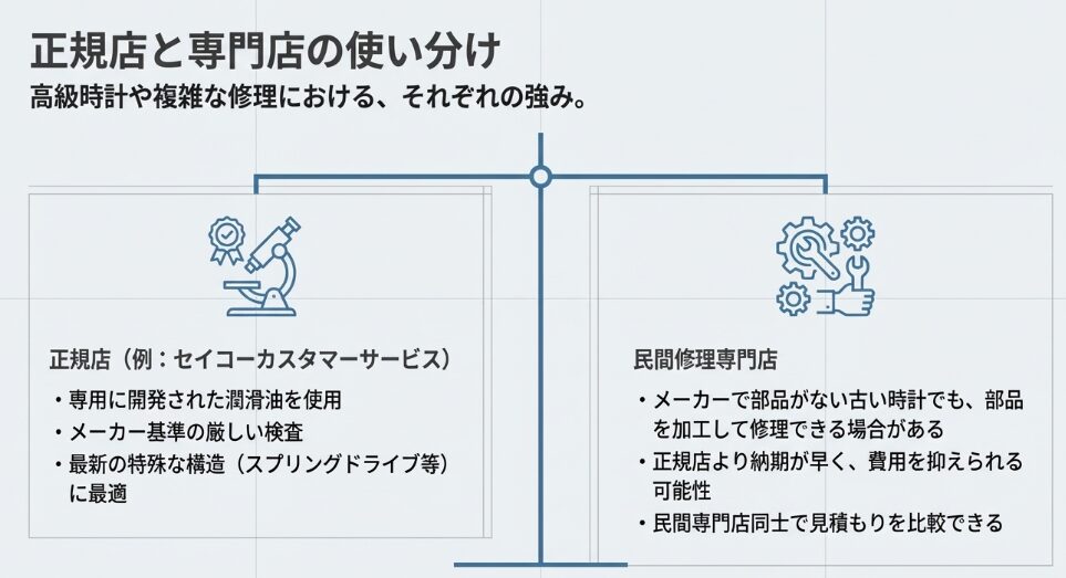 正規店の厳しい検査基準と、民間専門店の古い時計への対応力やコスト面での強みの比較 。