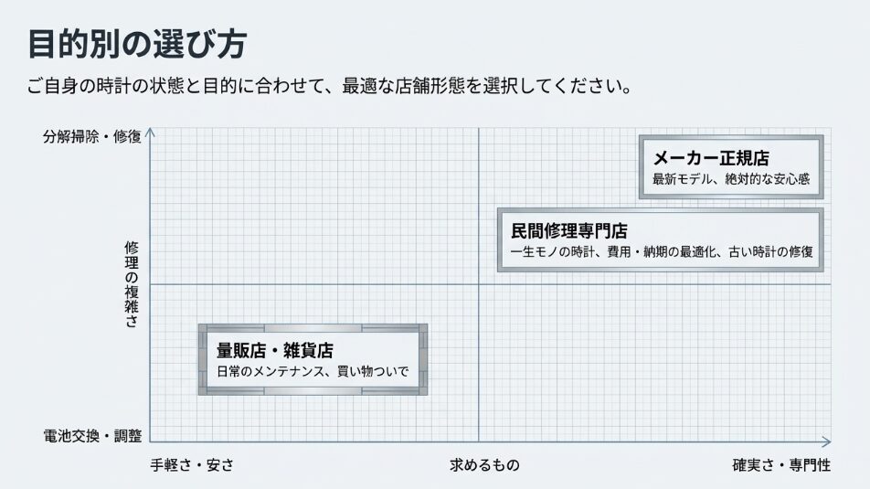 修理の複雑さと手軽さ・安さを軸にした、量販店・民間専門店・メーカー正規店の選び方図解 。
