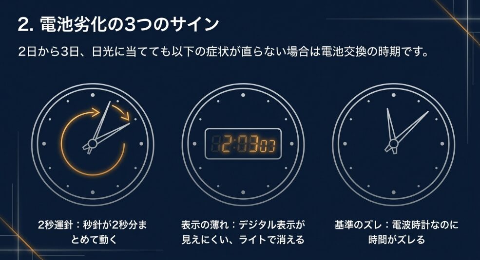 2秒運針、デジタルの表示不足、時間のズレという、電池交換の時期を知らせる3つの症状をイラストで解説したスライド。