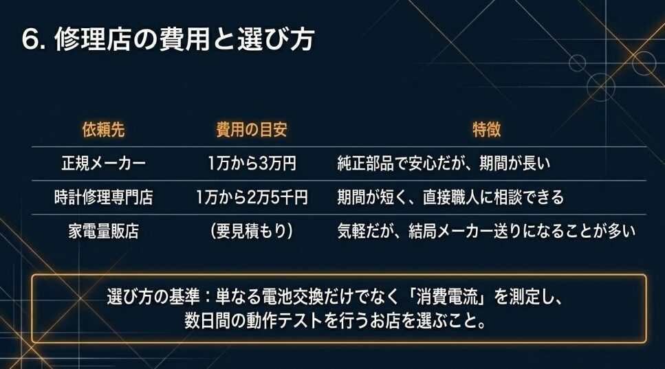 正規メーカー、修理専門店、家電量販店ごとの費用と特徴の比較に加え、消費電流測定などの選び方の基準を示したスライド。