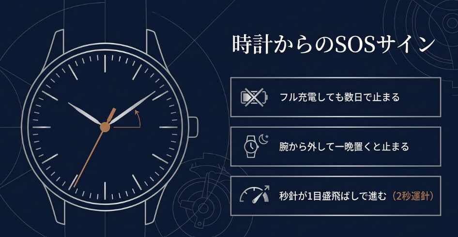 フル充電で数日で止まる、一晩で止まる、2秒運針など、キネティックのキャパシタ寿命を示すSOSサインの図解