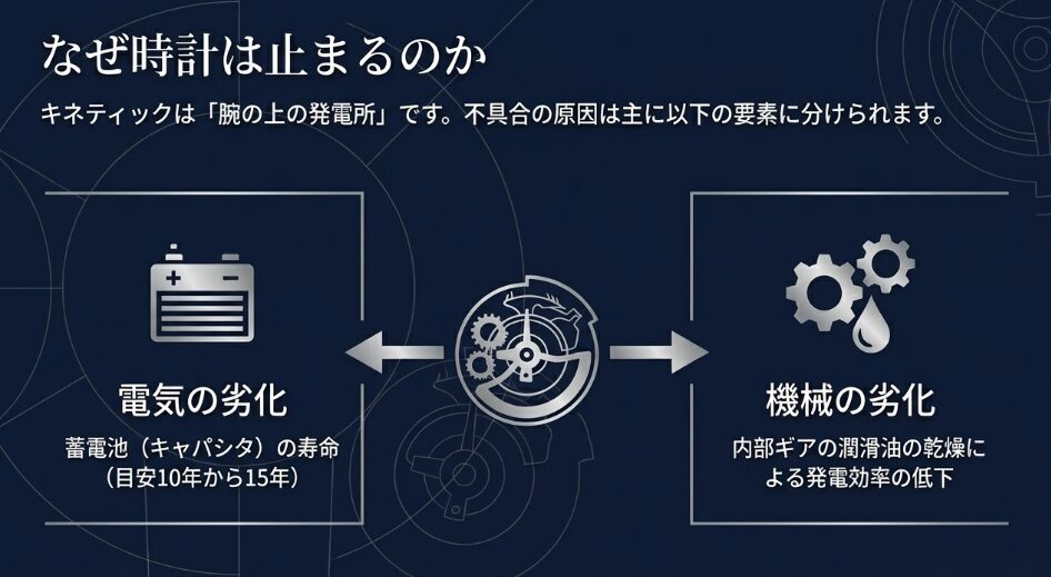 キャパシタの寿命（10〜15年）による電気的劣化と、潤滑油の乾燥による機械的劣化の解説図
