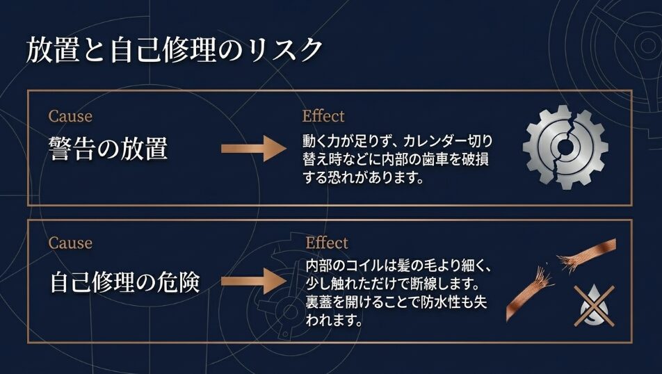 警告の放置による歯車破損のリスクと、自己修理によるコイル断線や防水性喪失の危険性を示すイラスト