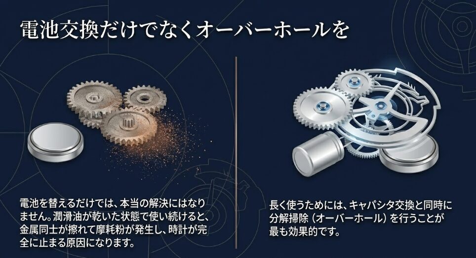 潤滑油が乾いた状態で使い続けることによる摩耗粉の発生と、分解掃除の重要性を説明するスライド