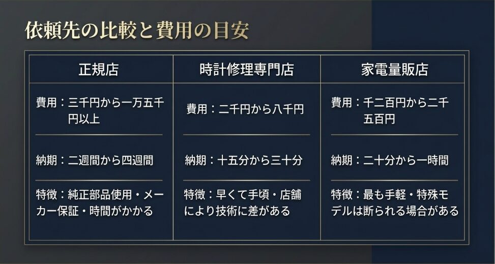 正規店、修理専門店、家電量販店の費用（1,200円〜15,000円以上）や納期、特徴を比較した表 。
