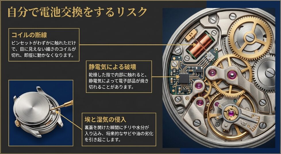 コイル断線、静電気による破壊、埃や湿気の侵入という、自分で行う際の具体的なリスクを説明したスライド
