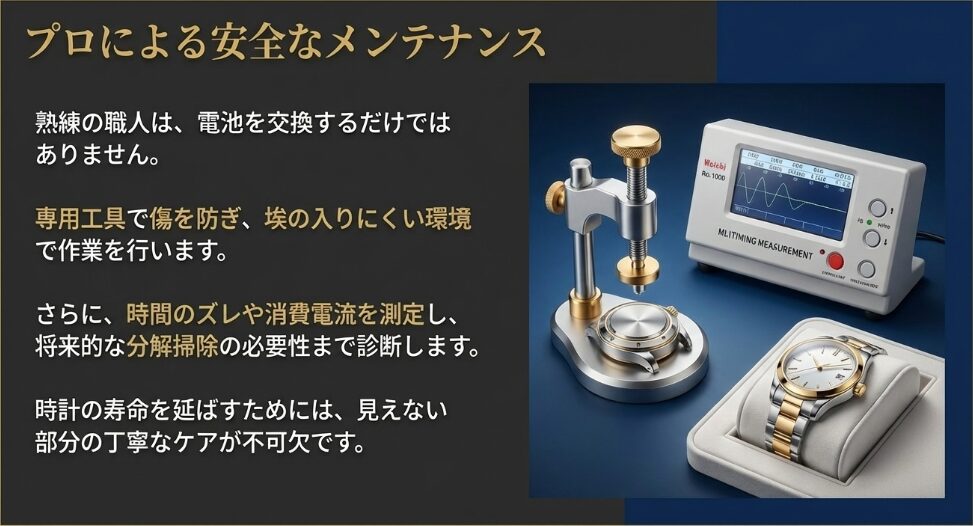 専用工具や測定器を使用し、時間のズレや消費電流を正確に診断している様子を示すスライド 。