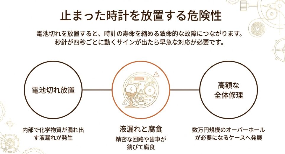 電池切れを放置すると液漏れが発生し、精密な回路や歯車が錆びて腐食、数万円規模の全体修理（オーバーホール）が必要になるリスクを解説したスライド。