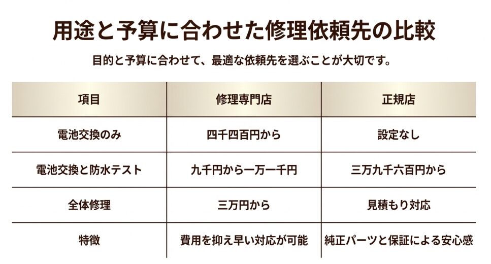 電池交換、防水テスト、全体修理の費用目安と、各依頼先のメリット（専門店は早い・安い、正規店は純正パーツの安心感）を比較した図解表