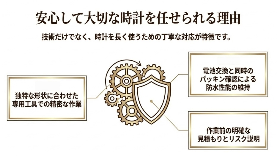 独特な形状に合わせた専用工具での精密作業、防水性能を維持するためのパッキン確認、作業前の明確な見積もりとリスク説明について解説したスライド。