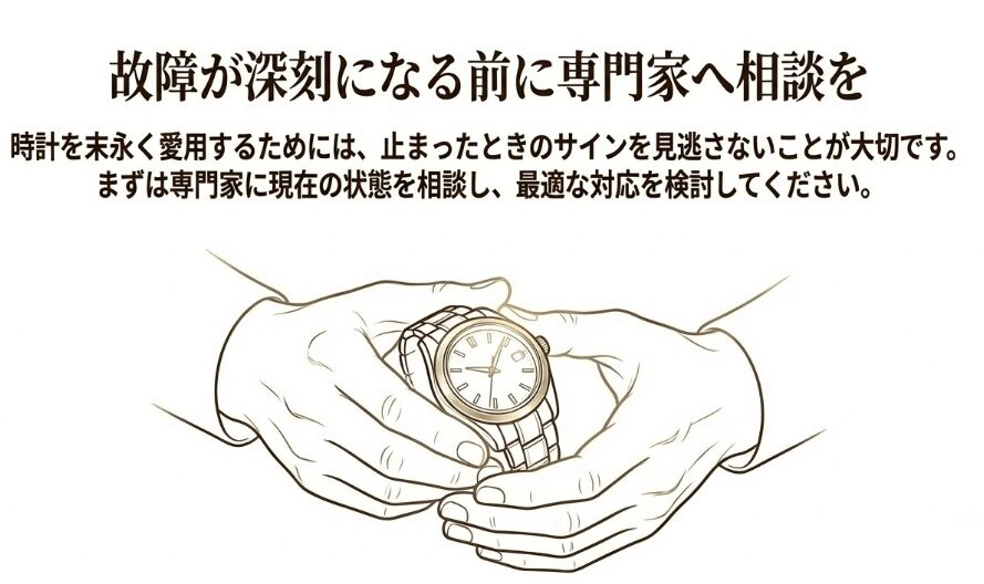 時計を大切に扱う両手のイラストとともに、時計を末永く愛用するために止まったサインを見逃さず、専門家に相談することを促す結びのスライド。