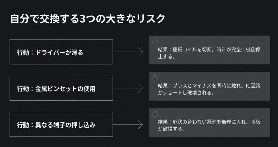自分で交換する際のリスクを図解。ドライバーが滑ってコイルを切断する、ピンセットで回路をショートさせる、不適合な電池で基板を破損させるといった失敗例を解説している。 