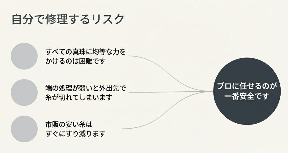 真珠に均等な力をかける困難さや、端の処理の弱さ、市販の糸の摩耗など、自分で修理するリスクを説明するスライド