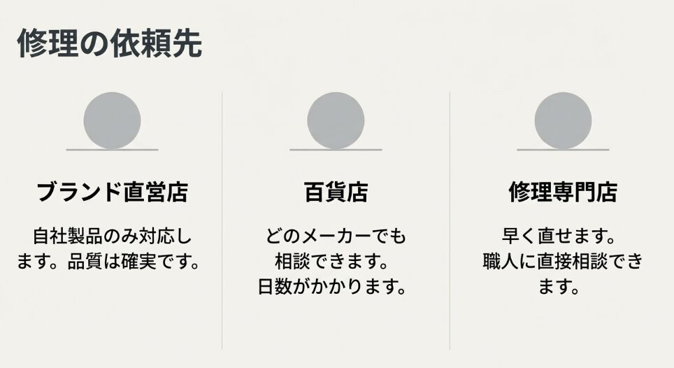 ブランド直営店、百貨店、修理専門店のそれぞれの対応範囲やスピード感、相談のしやすさを比較したスライド