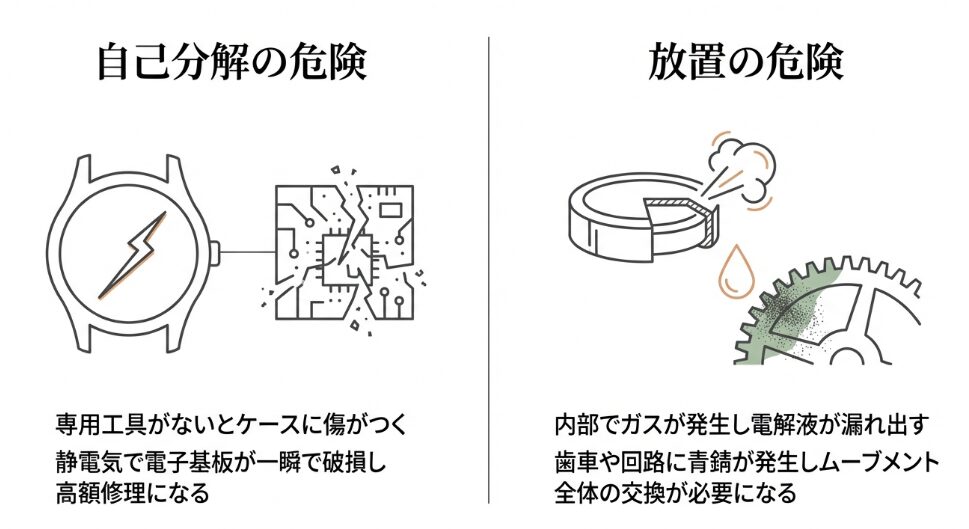 自己分解によるケースの傷や静電気での基板破損、電池放置によるガス発生と液漏れ、青錆の発生リスクを解説するスライド。