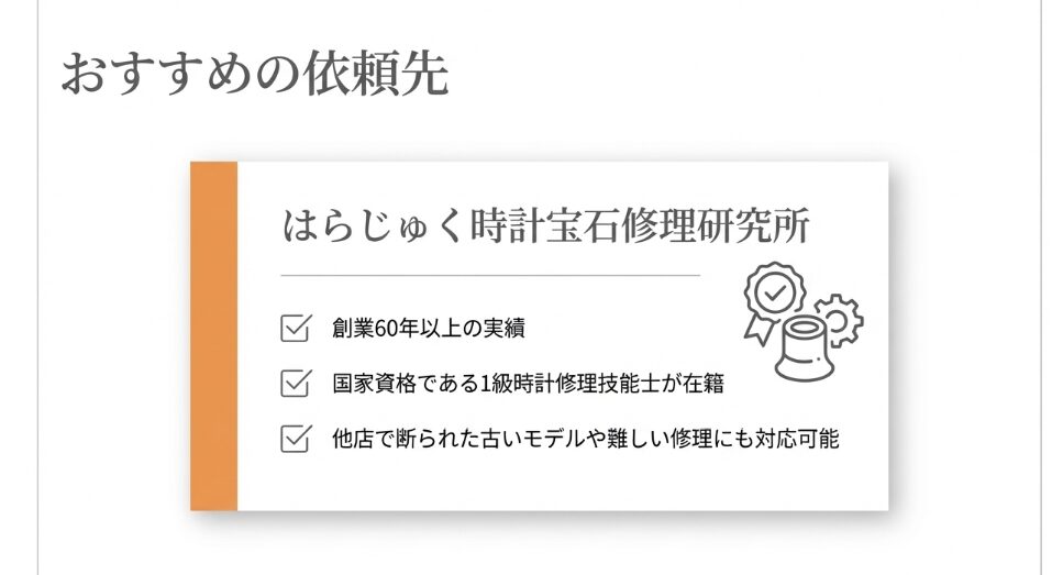 創業60年以上の実績、1級時計修理技能士の在籍、他店で断られた古いモデルにも対応可能なはらじゅく時計宝石修理研究所の紹介スライド。