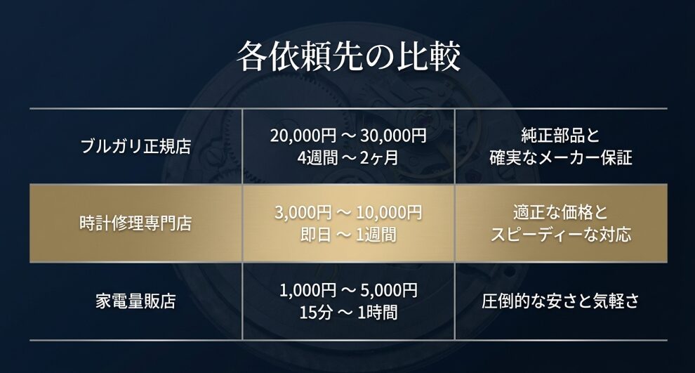 正規店、修理専門店、家電量販店それぞれの電池交換費用、納期、特徴をまとめた比較スライド