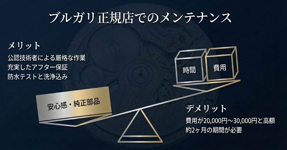 正規店の高い安心感と純正部品のメリットに対し、費用と納期がかかるデメリットを整理した解説画像