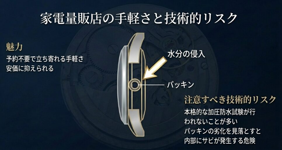 量販店での電池交換において、加圧防水試験が行われないことによる内部のサビ発生リスクを説明するスライド