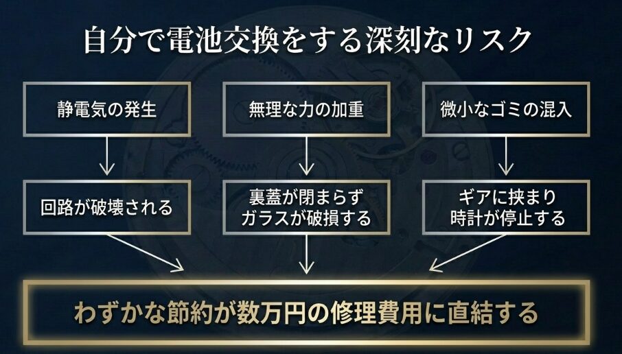 静電気による回路破壊や裏蓋の無理な加重によるガラス破損など、セルフ交換の危険性をまとめた画像