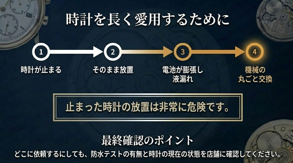 電池の液漏れによる故障リスクと、依頼時の防水テスト確認ポイントをまとめた最終チェック画像