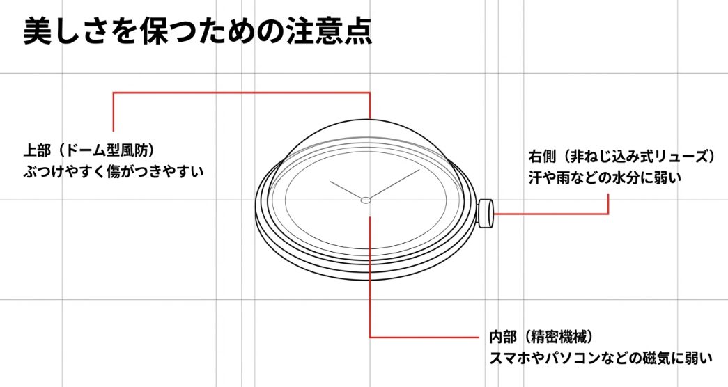 ドーム型風防の傷、リューズの浸水、精密機械の磁気帯びに関する注意点