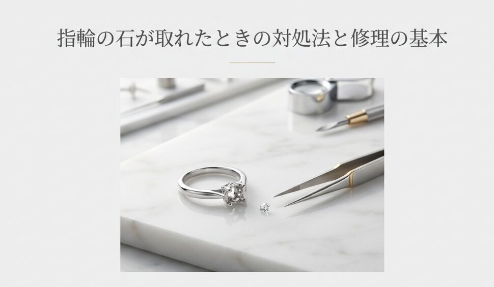 作業台の上に置かれた石が外れた指輪と、ピンセットで保持された小さなダイヤモンドのイメージ画像。