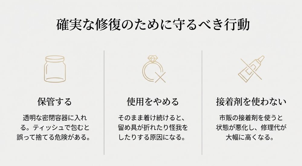 「保管する（ティッシュ厳禁）」「使用をやめる（怪我・破損防止）」「接着剤を使わない（修理代高騰防止）」の3つのポイントをアイコンで解説する図解。

「保管する（ティッシュ厳禁）」「使用をやめる（怪我・破損防止）」「接着剤を使わない（修理代高騰防止）」の3つのポイントをアイコンで解説する図解。