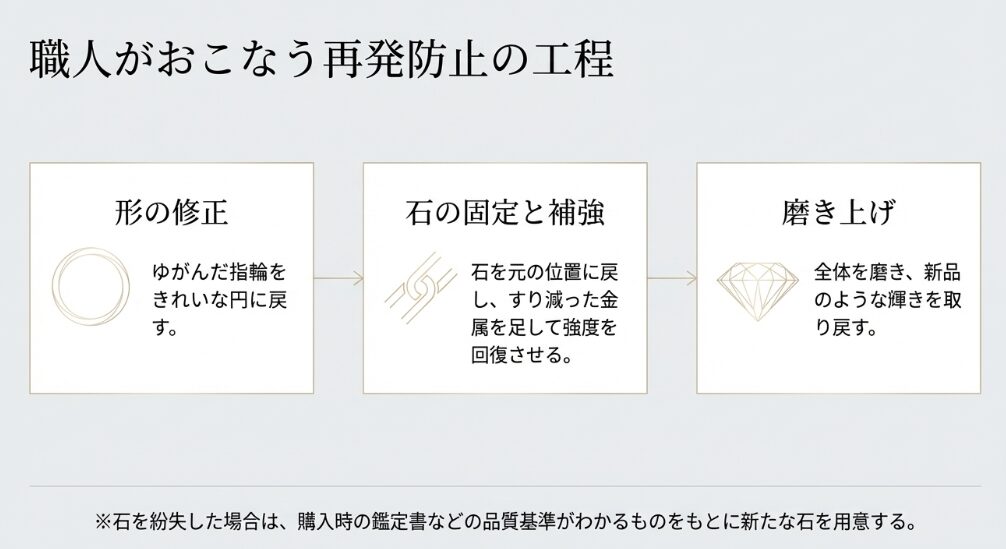 「形の修正」「石の固定と補強」「磨き上げ」の3工程を解説。石を紛失した場合は鑑定書を基に用意する旨の注釈。