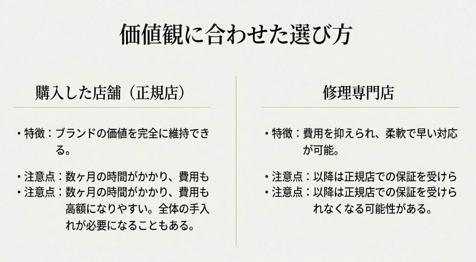 購入店舗（正規店）と修理専門店のそれぞれの特徴を比較。ブランド価値の維持と、費用・スピード・保証のトレードオフを解説。
