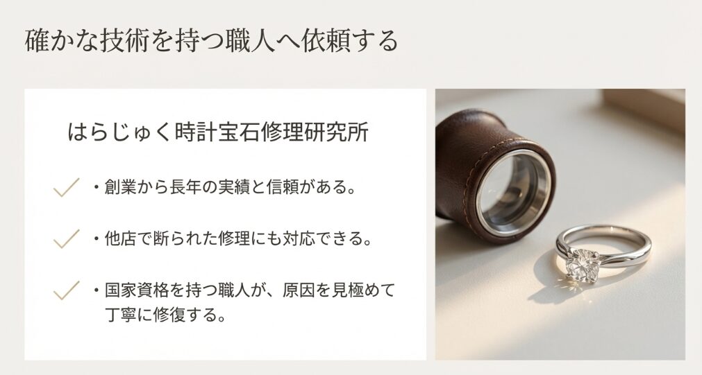 輝くダイヤモンドリングとルーペの画像。はらじゅく時計宝石修理研究所の特徴として、創業からの実績、他店拒否案件への対応、国家資格職人の在籍を記載。