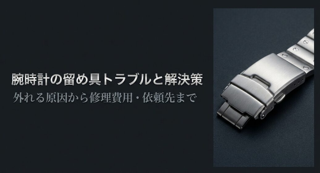 メタルバンドの腕時計のバックル部分をクローズアップした写真と、記事のメインタイトル。