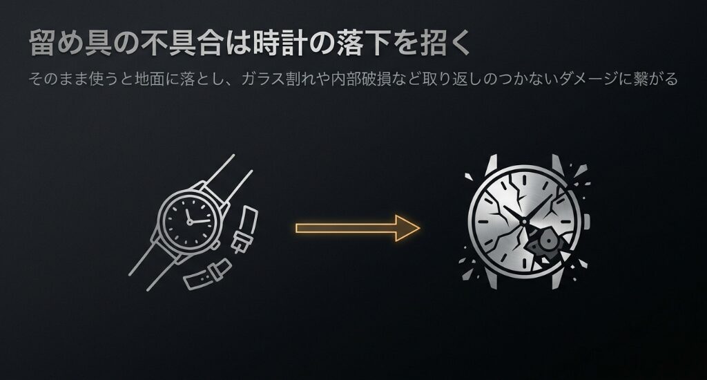 時計のバンドが外れて落下し、風防（ガラス）が激しく割れて内部のパーツが飛び散っている様子を描いたイラスト。