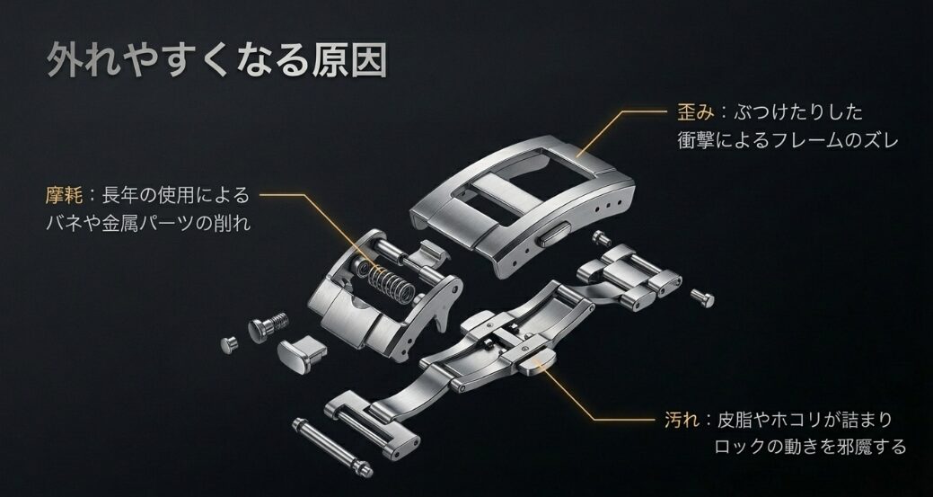 衝撃による歪み、長年の使用による摩耗、皮脂やホコリによる汚れの3つの原因を箇条書きで説明したスライド。