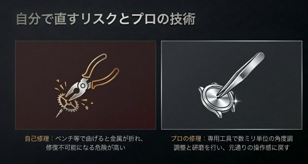 ペンチで強引に部品を曲げようとするイラスト（自己修理）と、ピンセットで精密な調整を行うイラスト（プロの修理）の比較。