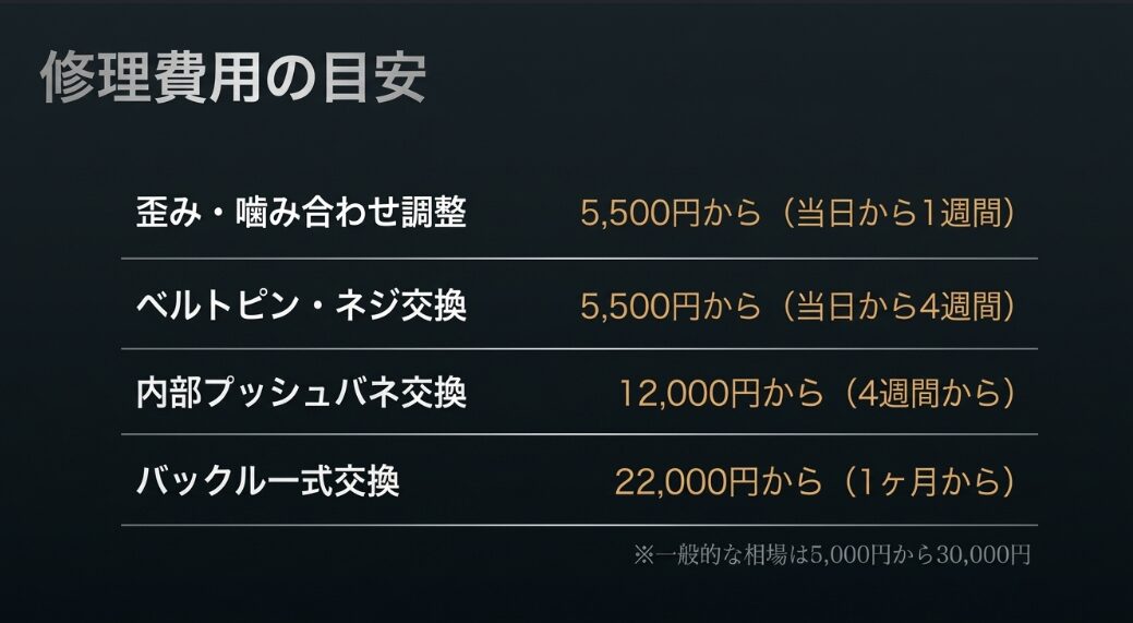 歪み調整（5,500円〜）、ピン交換（5,500円〜）、バネ交換（12,000円〜）、バックル交換（22,000円〜）をまとめた料金表。