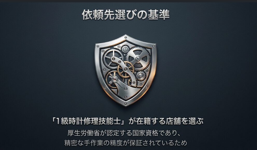 時計の歯車が盾のような形に組み合わさった精密なエンブレムのイラスト。手作業の精度を保証する国家資格について説明。