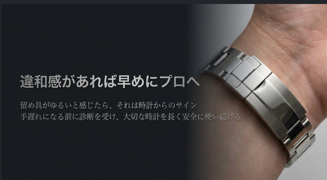 「違和感があれば早めにプロへ」というメッセージと共に、時計を長く愛用するための心構えを記した結びのスライド。