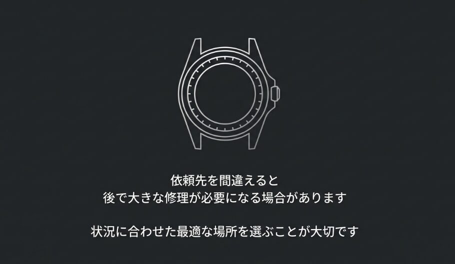 依頼先を間違えると大きな修理が必要になるリスクがあること、状況に合わせた最適な場所選びが大切であることを示す図解