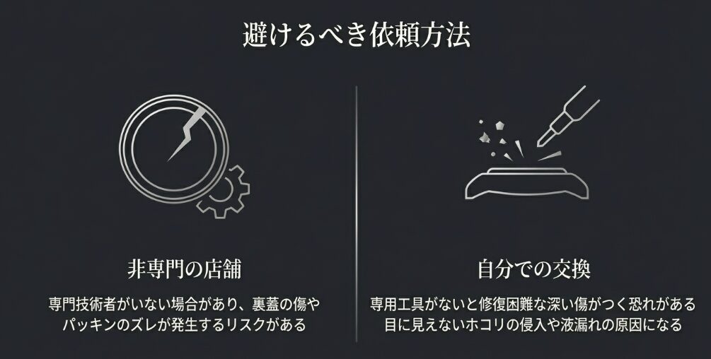 非専門の店舗や自分での電池交換による傷、ホコリの侵入、液漏れのリスクについての警告スライド