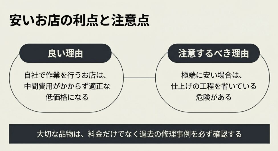 自社作業で中間費用がない店は安くて適正だが、極端に安い場合は仕上げ工程を省いている危険があるため、修理事例を確認すべきという注意喚起 。