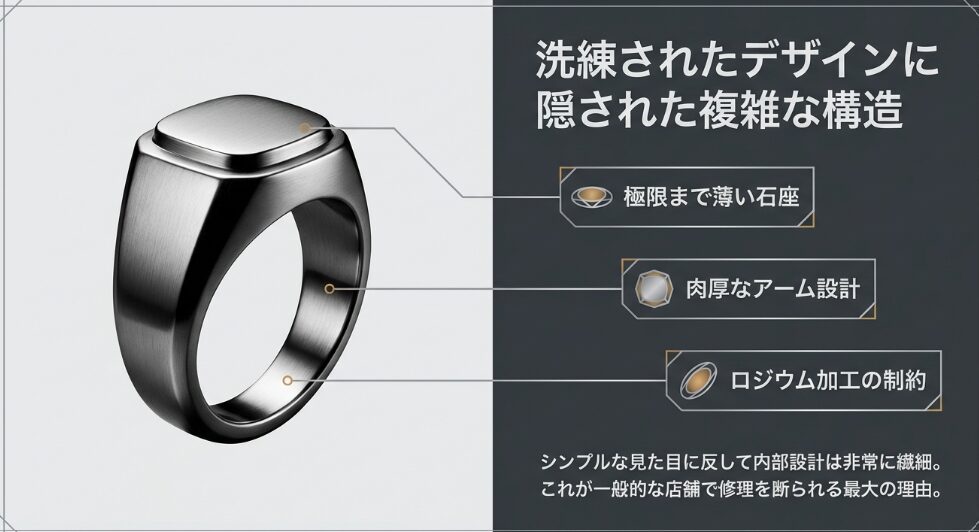 トムウッドのデザインの裏に隠された、薄い石座や肉厚なアーム、ロジウム加工の制約など複雑な構造を解説するスライド