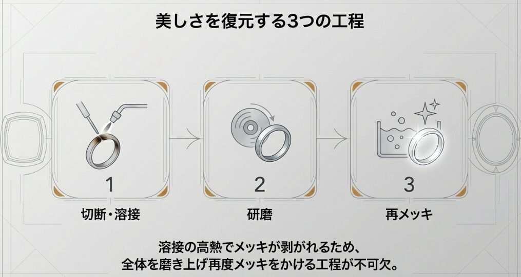 1.切断・溶接、2.研磨、3.再メッキという、トムウッドの修理に不可欠な3つの工程を説明するスライド。