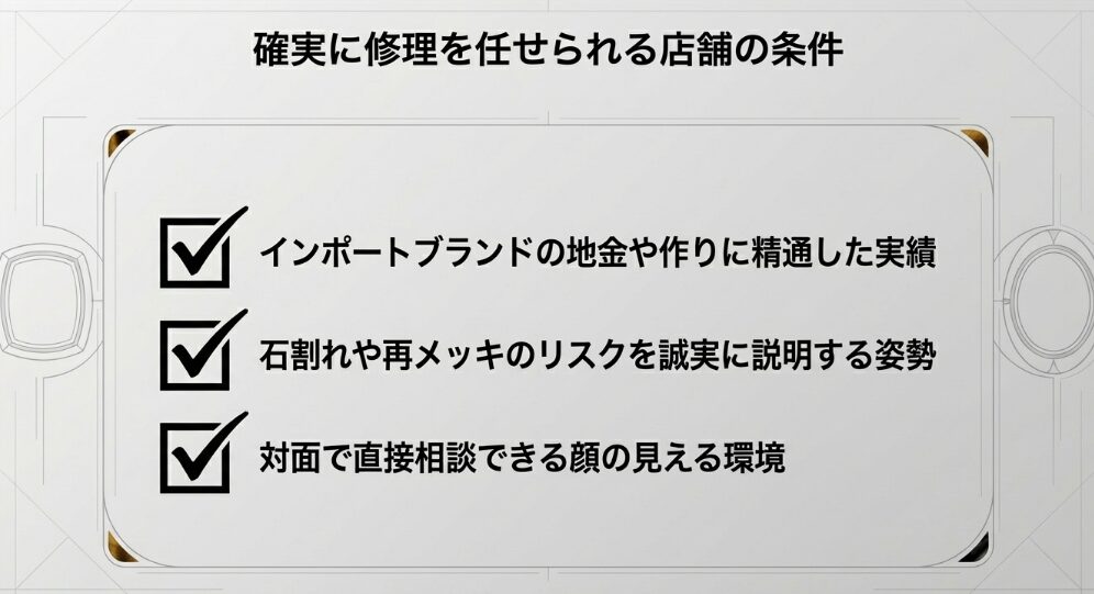インポートブランドへの精通、リスク説明の誠実さ、対面相談の可否という、確実に修理を任せられる店舗の条件を記したスライド。