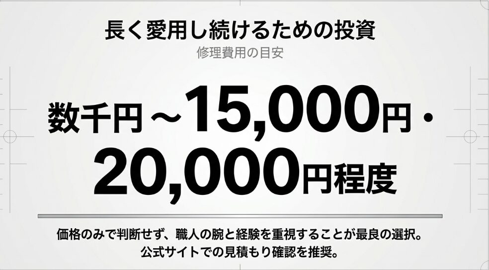 修理費用の目安(数千円〜2万円程度)と、価格だけでなく職人の腕と経験を重視すべきであることを伝えるまとめのスライド。
