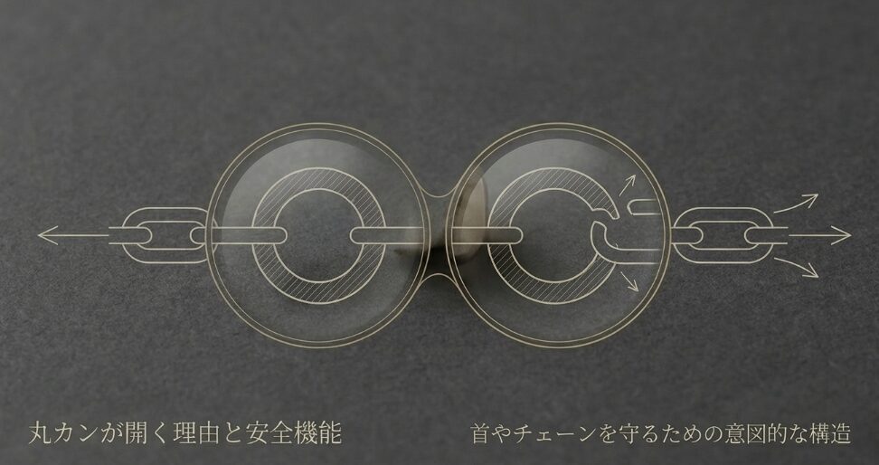 強い力が加わった際に丸カンが開き、チェーンや首への負担を逃がす安全構造の解説図