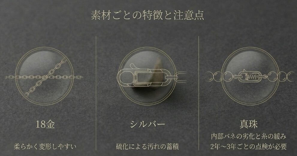 18金の変形、シルバーの硫化、真珠の糸の緩みと点検周期をまとめた比較図